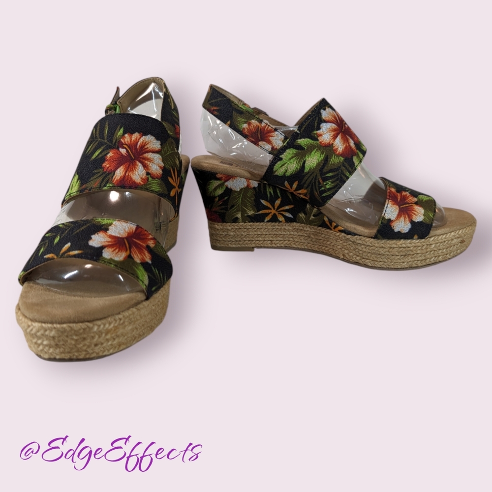 White Mountain Black Tropical Print Wedges Espadrilles  Bar Harbor Size 8.5